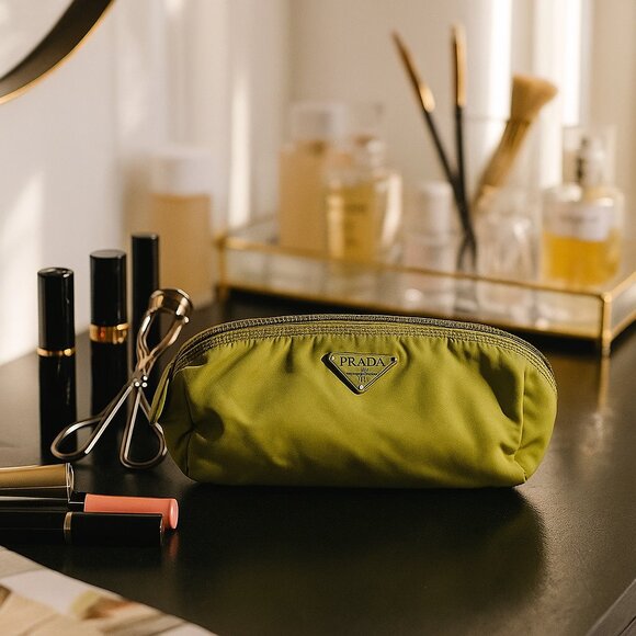 Authentic Prada Nylon Cosmetic Case – Apple Green Plastic Zipper w Leather Pull - Picture 11 of 11